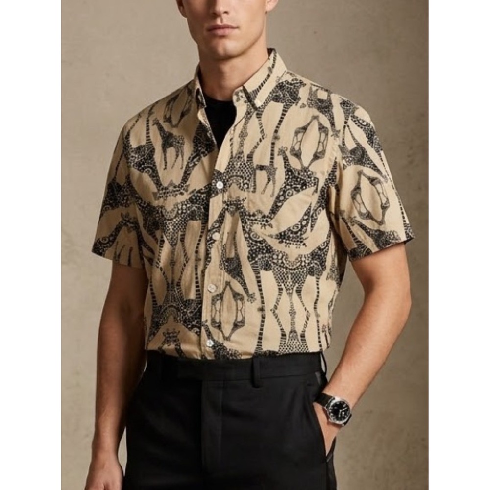 LRG Lifted Research Group Mens Giraffe Print Short Sleeve Button Down Shirt M
